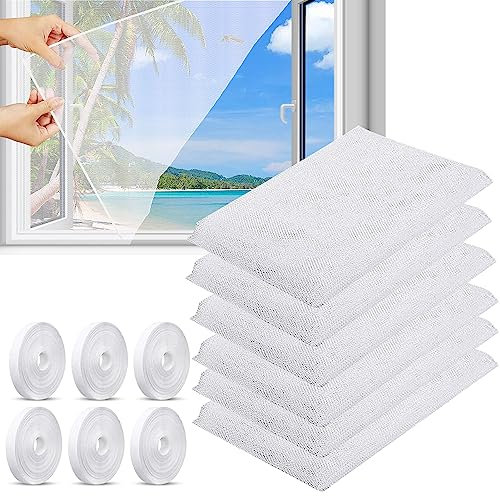 Moskitonetze für Fenster, 6 Stück 130x150 cm Insektenschutz Fensternetz, DIY Selbstklebendes Insektenschutz mit 6 Rollen Selbstklebeband, für Schützen die Familie vor Insekten, zuschneidbar