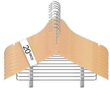 USTECH Langlebige Kunststoff-Kleiderbügel, 20 Stück, schlankes, robustes holzähnliches Design mit verstellbaren Clips, rutschfeste Kleiderbügel mit Anti-Rost-Haken, platzsparend für Schrank, Mantel