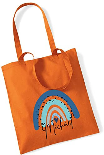 minimutz Jutebeutel Kinder mit Name bedruckt | große Stofftasche Regenbogen blau Baumwolle Mädchen Jungen | Personalisierter Kitabeutel für Wechselwäsche (orange)