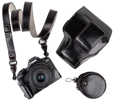 MUZIRI KINOKOO EOS R50 R100 Kameratasche, Retro-Schutzhülle aus PU-Leder für die Canon EOS R50 R100 DSLR-Kamera mit 18-45-mm-Objektiv – mit Bodenöffnung, Schultergurt und Aufbewahrungstasche – Schwarz