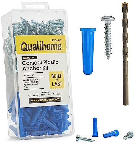 QUALIHOME Conical Concrete Anchors and Screws Kit, Plastic Conical Wall Anchors for Lightweight Fixtures in Concrete, Block, Brick, and More, 100 Pack of Concrete Anchors, Screws & 1 x 1/4 Drill Bit