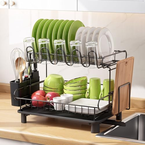 MAJALiS Dish Drainer Rack, 2 Tier Dish Drainer with Drip Tray, Stainless Steel Dish Rack with Utensil Holder, Swivel Spout, Draining Board Rack for Kitchen Counter, Black