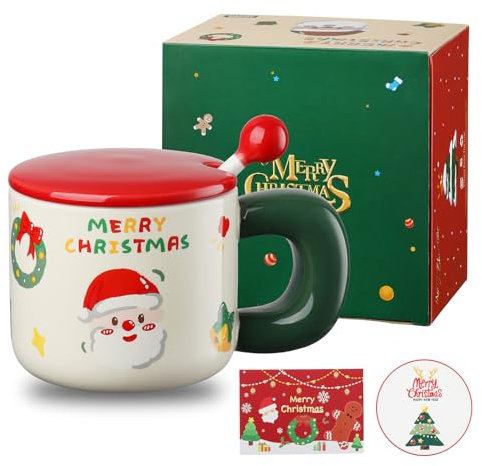DONGSHANGIFT Weihnachts-Keramikbecher mit Deckel und Löffel 380ml Niedliche Weihnachts-Kaffeetasse Weihnachten Niedliche Keramikbecher für Frauen Männer Kinder mit Geschenkbox