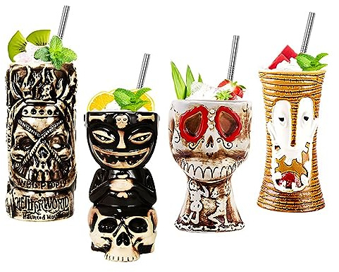 Morlinca Tiki Mugs - Tiki Mugs Lot de 4 - Verres Tiki en céramique Verres à Cocktail Tiki Bar Decor Tiki Cocktail Party - Soirées à thème Tiki - Fêtes d'halloween - Fête hawaïenne,A14