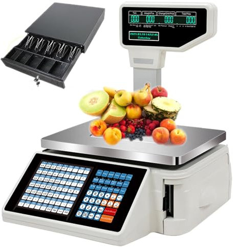 ExoticaBlend Waagen zum Drucken von Etiketten, Digitale Barcode-Waagen – Dual-Display Hinten vorne – für das Wiegen im Supermarkt/Einzelhandelsgeschäft/Lager,Machine+Cashbox