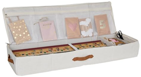 LOVE IT STORE IT - Boite Rangement Papier Cadeau Beige | Sac Rangement Papier Cadeau | Range Papier Cadeau avec 3 Compartiments, Tissu Résistant, 90x30x12cm