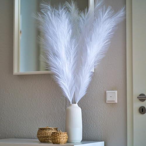 Pampasgras Deko Set in Weiß – 3 Hohe 40/100cm Stiele | Handgefertigte, Flauschige Trockenblumen, Boho Chic für Wohnzimmer & Schlafzimmer, Künstliches Pampasgras Blumen Trockenblumen Deko.