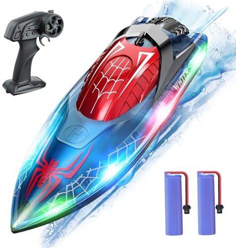 DEERC Ferngesteuertes Boot mit LED-Licht, RC Boot 15 KM/H, 2,4-GHz Rennboote, 2 Batterien für 80 Minuten Spielzeit, Pools und Seen Spielzeug Geschenk für Kinder ab 8 Jahre