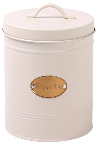 DANIEL JAMES Retro Round Biscuit Jar, Cookie Container with Lid, Cream Steel Kitchen Storage Caddy with Lid, Kitchen Storage Container, Food Storage Canister - Cream