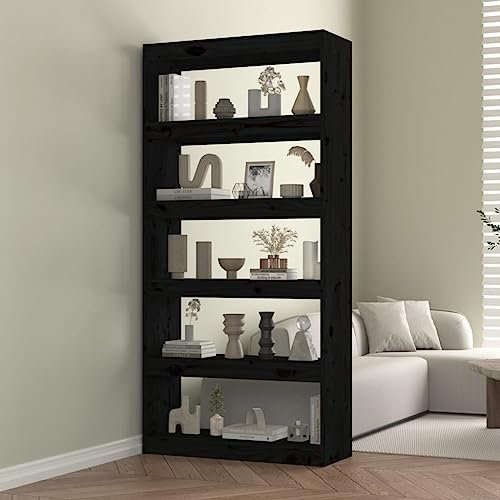 THOYTOUI Bücherregal Raumteiler, Mehrzweckregal Holzregal stehend Zeitschriftenständer Lagerschrank Geeignet für Werkstatt Balkon Wohnstube Garten Schwarz 80x30x167.4 cm Massivholz Kiefer