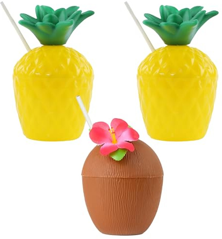 Lot de 3 gobelets réutilisables en plastique pour noix de coco et ananas avec pailles en papier (1 noix de coco/2 ananas) – Parfait pour les fêtes, les pique-niques, les barbecues ou tout événement