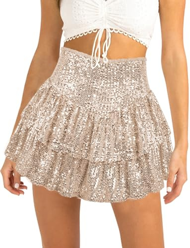 SEAUR Jupe courte à volants avec paillettes pour femme, jupe brillante taille haute avec paillettes, jupe fluide pour soirée et club, jupe courte à couches brillantes, abricot, M