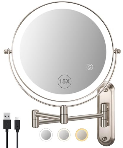 VORREMIRR 15x Wandmontierter Make-up-Spiegel, 8,5 Zoll Wand montiert beleuchtet Make-up Spiegel, Lupe Spiegel mit doppelseitig, 3 Farben Lichter für Make-up, 365 ° Schwenkbar zum Rasieren - Nickel