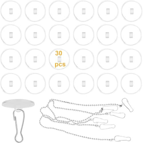 Pack of 30 Self-Adhesive Ceiling Hooks with Flagpole Clips and Hanging Chain, Adhesive Hooks No Drilling, Transparent Adhesive Hooks, Towel Hooks, Extra Strong Ceiling Mounting Hooks for Ceiling