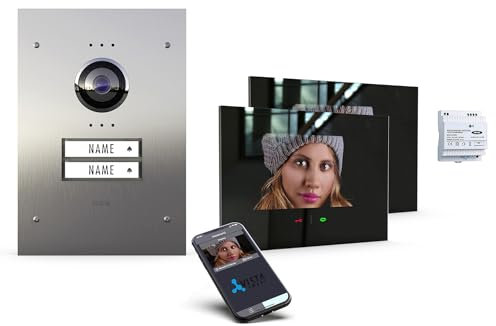 m-e iP Video-Türsprechanlage Unterputz mit Edelstahl-Frontplatte für 2-Familienhaus | 7“ Innenstation schwarz | Türklingel mit Kamera | 4-Draht Freisprechanlage Video Sprechanlage VDV-9209 S