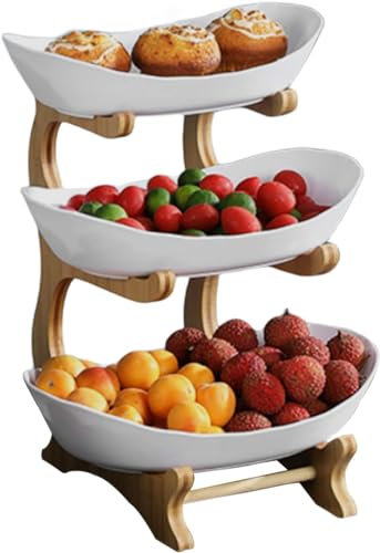 3 Tier Fruit Serving Tray Set with Bowls Large Capacity Food Display Stand for Cake Appetizer Candy Sushi Fruit Vegetables White Color