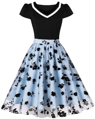 AXOE Women Vintage Tea Dress 1950s Floral Tulle A-Line Cap Sleeves Wedding Guest Outfit, Garden Party Dress, Retro Occasion Wear Light Blue with Black F02, UK Size 14, L
