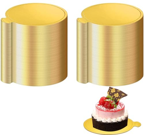 trabag 200 Stück Cakeboard Rund, 9cm Einweg Cake Board, Mousse Tortenunterlage, Kuchenplatten, Tortenplatte Pappe, Dessert Display, Cake Board für Hochzeit Geburtstag Gebäck Dekoration (Golden)