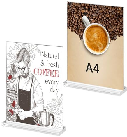 Pack of 2 A4 Acrylic Menu Holder, Acrylic Sign Holder, A4 Acrylic Table Display, A4 Size, Table Menu Holder for Restaurants, Cafes, Offices, Photos (30.5 × 21.1 cm)