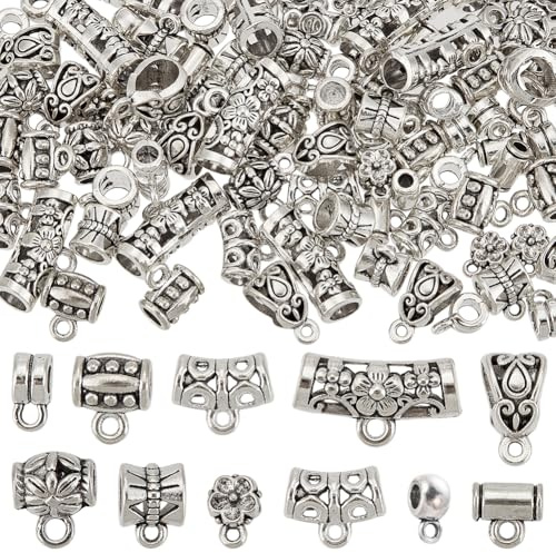 SUNNYCLUE 1 Box 100Pcs 10 Styles Bead Hanger Charm Silver Links Bail Beads Bulk Metal Alloy Antique Tibetan Connector Column Dangle Spacer Charms Bead for Jewellery Making Necklace Bracelet DIY Crafts