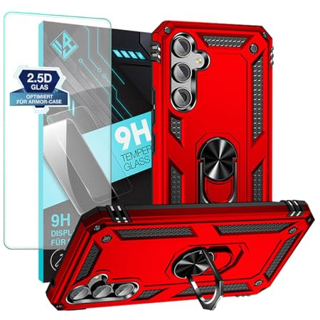 LBH Outdoor Hülle für Samsung Galaxy A54 5G mit Displayglas Armor Militär Stoßfest Handyhülle 360 Grad Metal Ring Halter Ständer Schutzhülle für Handyhalterung Auto Magnet Rot