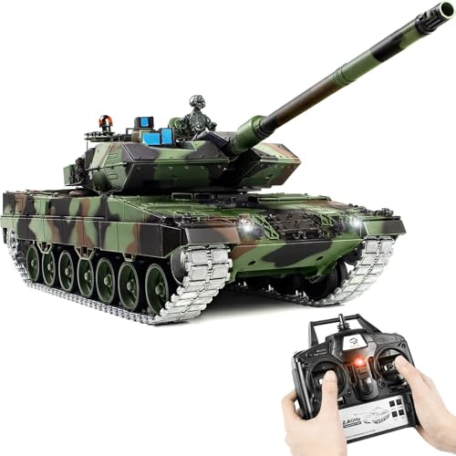 1/16 RC Tank, Heng Long German Leopard 2 A6 RC Battle Army Toy with Smoke, Sound, Light, 2.4G Remote Control Tank That Shoots BBS with Upgraded Metal Tracks, Idler, Sprocket Wheel, Steel Gearbox