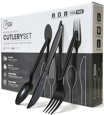 Heavy Duty Reusable Black Plastic Cutlery Set 50 Spoon,50 Knife & 50 Forks | Plastic Spoons, Knives and Forks Set – Strong, Washable Party Cutlery for Catering, BBQs & Events