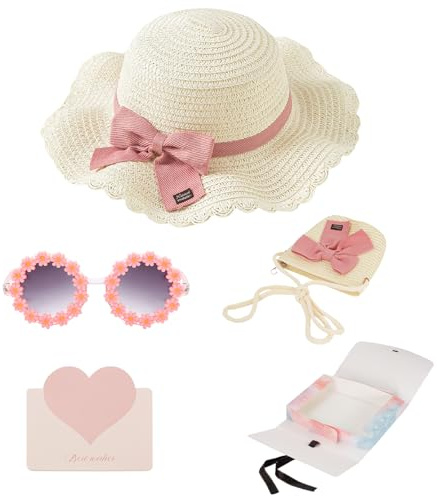 YOOCHUENG Sombrero de Paja para Niña 3-7 Años,con Bolsa y Gafas de Sol | Sombrero de Sol Rosa Niño,Conjunto de Regalo de Verano para Vacaciones,Playa y Actividades al Aire Libre,Regalo para Niñas