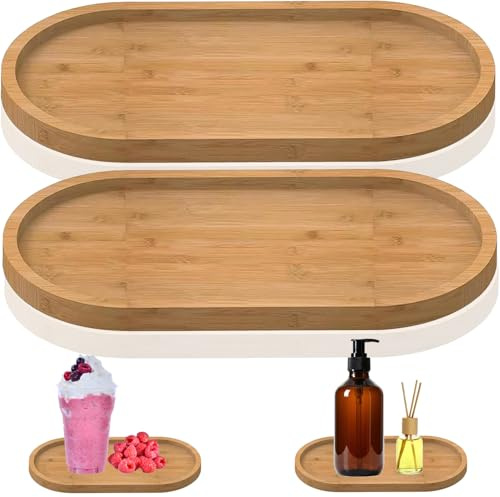 2 Pcs Bamboo Oval Soap Tray & Dispenser Comestic Holder Bathtub Organizer Bamboo Tea Serving Bathroom Tray Kitchen Holders Woodcrafted Waterproof & Easy to Clean