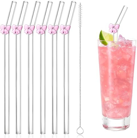 JUGUTA 6 Cannucce Riutilizzabili In Vetro Con Ciondoli, Cannucce Vetro Infrangibili, Rosa Con Fiocco Con 1 Spazzole Per La Pulizia, Per Cocktail, Frullati, Frullati, Succhi Di Frutta, Tè