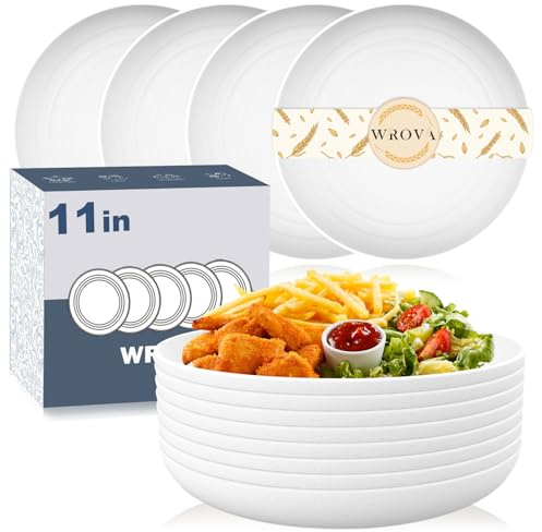 Wrova Reusable Large Plastic Plates 11 Inch Unbreakable Deep Plates Set of 8 Salad Plate, Fruit Plate Dishwasher & Microwave Safe for Paty, Camping, RV - White