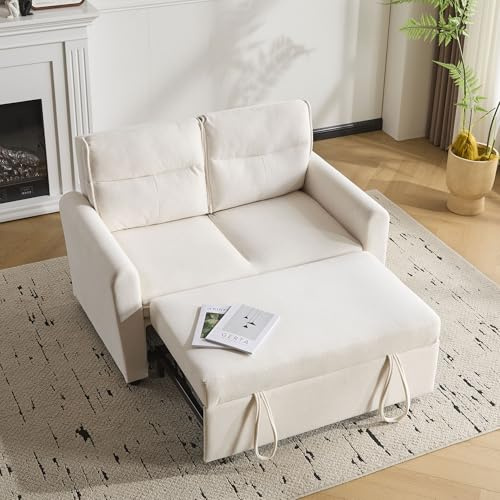 DRIXNO 2-Sitzer Sofa/Faltbares Schlafsofa mit Ausziehfunktion/Verstellbare Rückenlehne/Inklusive Großer Rückenkissen/Platzsparend für kleine Wohnzimmer ，Beige