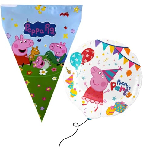 Peppa Pig Compleanno, Kit Compleanno Peppa Pig, Decora la tua festa con i festoni e il palloncino in foil (46 cm), festa per bambini e bambine, 9 m di festone, 1 palloncino