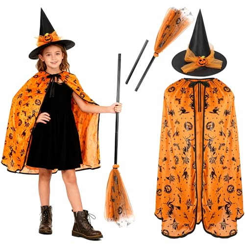 Beipegin 3 Piezas Disfraz Calabaza Niño, Disfraz de Bruja Niña, Sombrero Capa Escoba Bruja