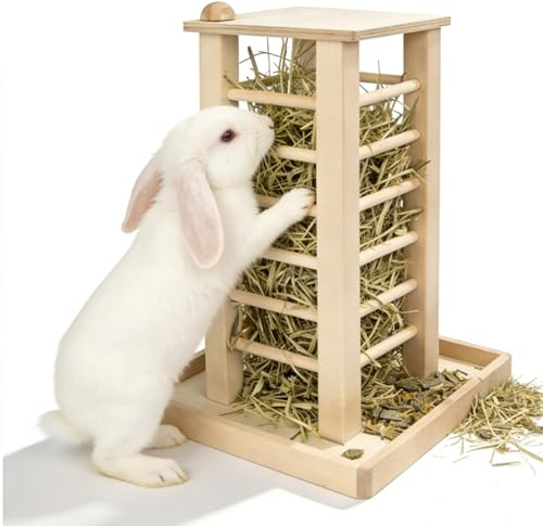 Comedero para conejos, comederos de heno, 36,5 x 24,5 x 16,5 cm, comedero de madera para mascotas pequeñas, conejos, chinchilla, soporte estable en forma de cubo