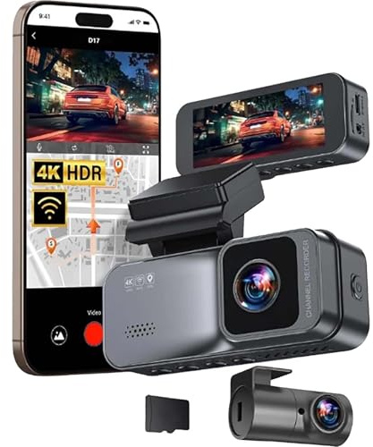 Dashcam Pro 4K trådlös bilkamera fram och bak, 5,8 GHz WiFi, GPS, 64 GB gratis kort, dashcam med parkeringsövervakning, 170° vidvinkelobjektiv, maximal datalagring
