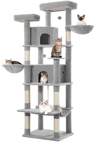 Fobyfurny Kattklätterträd för Stora Katter, 216 cm Kattklätterträd, Klätterträd i Flera Nivåer med Klösstolpar, 2 Bekväma Hus, 2 Sittplatser, 2 Korgar, Hängmatta, för Inomhusbruk, Ljusgrå FPMS007FG1