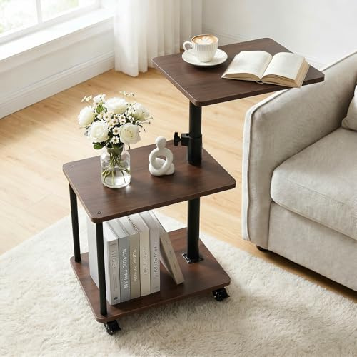 Mesa auxiliar con ruedas, mesa auxiliar sofá ajustable en altura 47-71 cm, mesa giratoria 360°, diseño moderno con 3 niveles de almacenamiento, textura de madera fácil de limpiar, color nogal