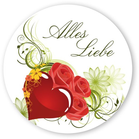 Geschenk-Aufkleber Alles Liebe mit Rosen, rund Aufkleber Alles Liebe mit Herz, rund Ø 30mm selbstklebende PE-Folie, 100 Stück auf Rolle