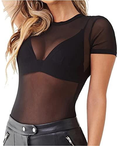 Allchic Womens Sheer Mesh Tops, Short Sleeve See Through Blouses, Crewneck Sexy Cluewear Tee - Black, Medium
