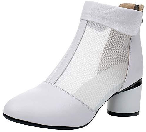 Jamron Kvinnors eleganta blockklack ankelstövlar andningsbara nät utstansade sommarstövlar pumps, Vitt nät, 36.5 EU