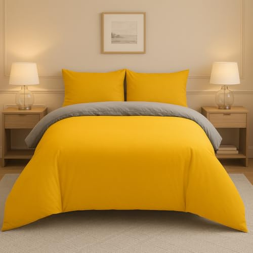 Lions Double Bedding Duvet Set, 3 Piece Ultra Soft Reversible Quilt Cover with Pillowcase, Microfiber Premium Quality, Plain Dye Bed Linen Sets, 200x200cm, Ochre Grey