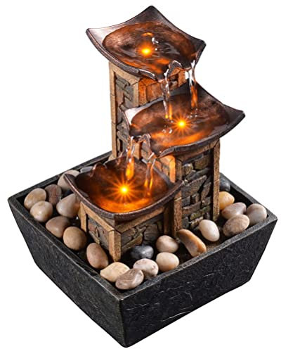 Evisso 3-stufiger Entspannungs Tischbrunnen, Simulation, Steinsäule, Wasserbrunnen, beruhigender Klang, Meditationsbrunnen mit Steinen und reflektierender Beleuchtung (21110)