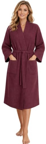 Morgenstern Bademantel Damen Leicht 100% Baumwolle OEKO-TEX® Waffelstoff Waffelpique Waffelmuster Paula Bordeaux L