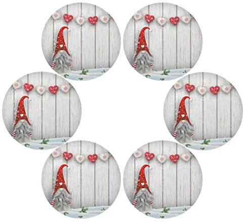 Juego de 6 Bajoplatos de Mesa Redondos de Gnomo de Navidad para Mesa de Cocina, Lavables, Manteles Individuales
