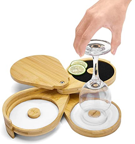 TonJin Margarita Salt Rimmer Set,1 Pack 3 Tier Bar Glass Rimmer Bamboo Wood Sugar Salt Box with Sponge,Bartender Tool for Cocktail and Margarita