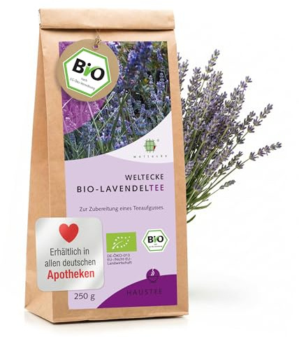 Weltecke Bio-Lavendelblüten getrocknet & lose 250 g | In Deutschland kontrolliert & frisch abgefüllt | Ganze Blüten für Bio-Lavendel-Tee mit lieblich-herber Note | Ruhe & Gelassenheit