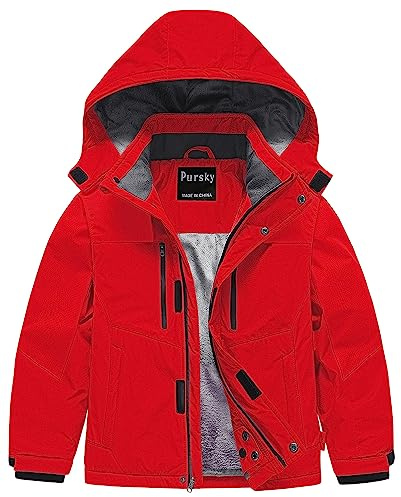 Pursky Snow Jacket Boys Children'S Winter Coats Boy's Ski Waterproof Breathable Kids Fleece Lined Windproof Hooded Snowboard Coat Pure Red 14/16