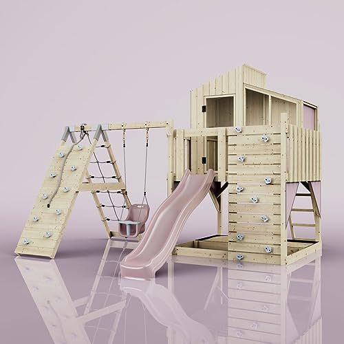Rebo Outdoor Spielturm mit Wellenrutsche | Spielhaus aus Holz mit Kinderschaukel, Kletterwand, Kletternetz | Stabile Konstruktion, Weiches Gefühl in den Seilen