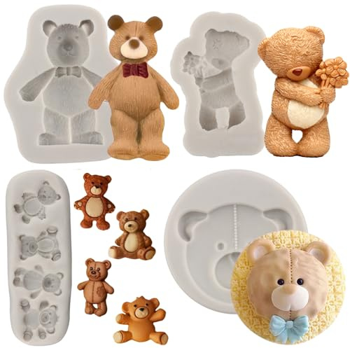 MYPRACS 4 Stück Bär Silikon Fondant Formen Teddybär Süßigkeitenformen | Dekorieren von Kuchen Cupcake Topper Süßigkeiten Polymerton Schokolade Gummipaste